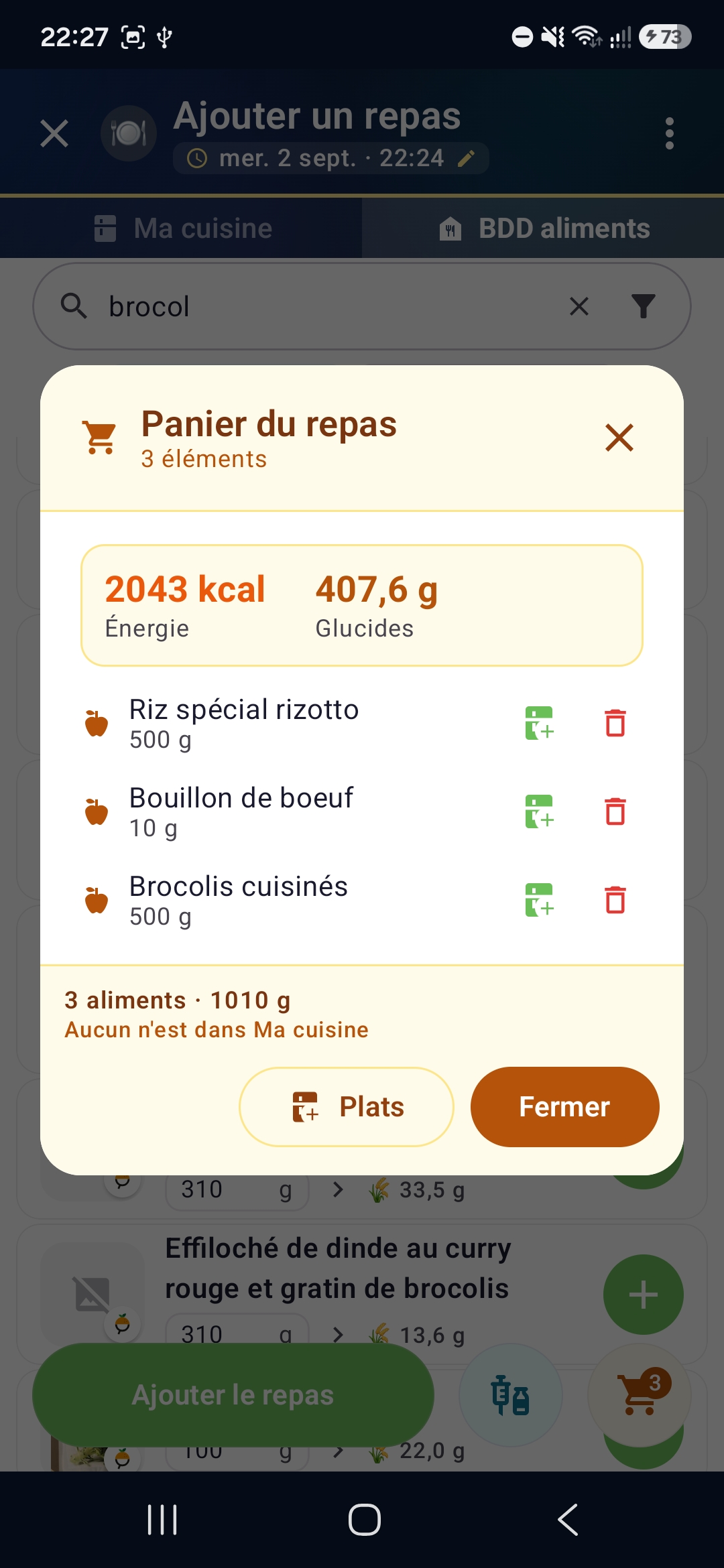 Mydiata, un repas : recherche dans le catalogue hors ligne, portions, panier.