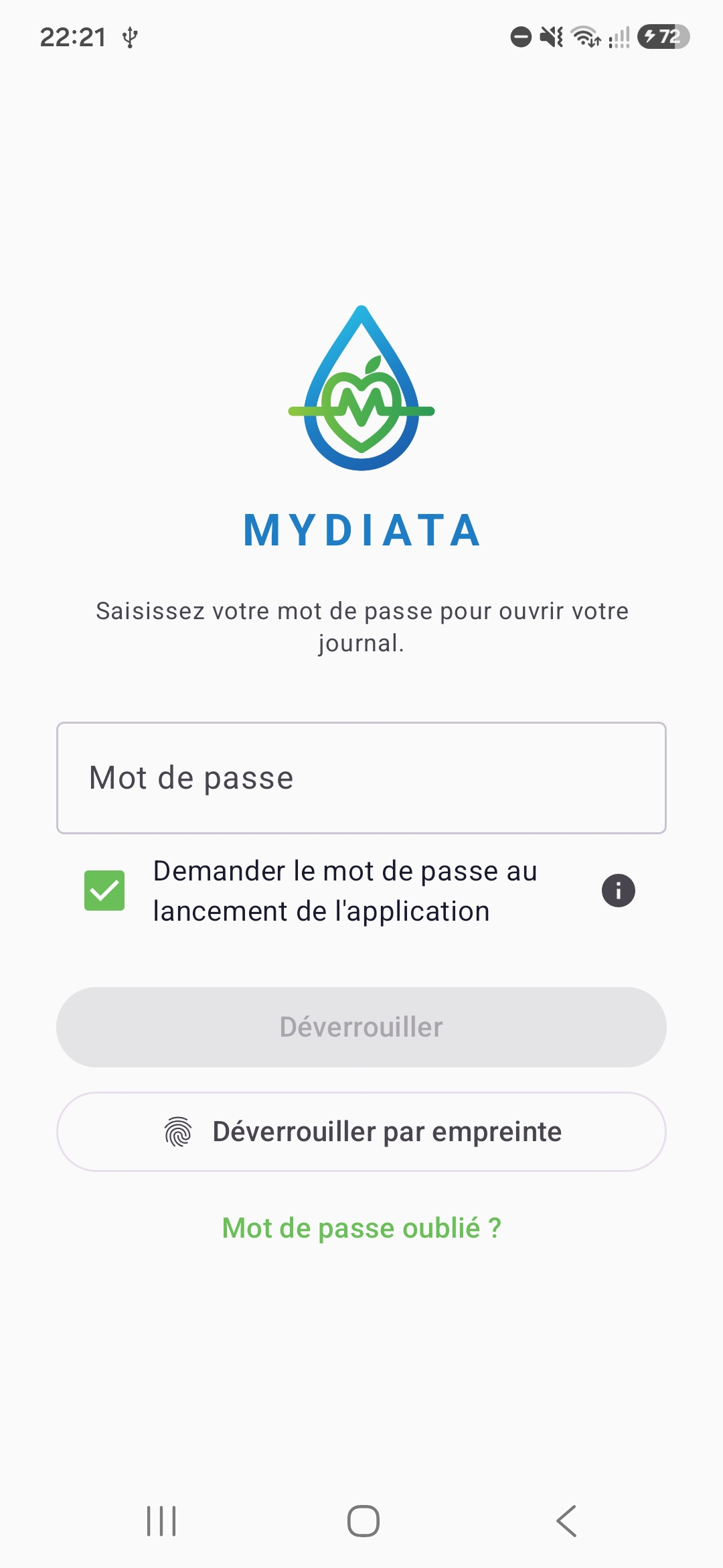 Mydiata, l'écran de déverrouillage